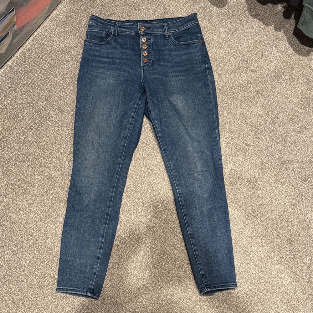 Express Mid Rise Medium Wash Button Fly Skinny Jeans 10L